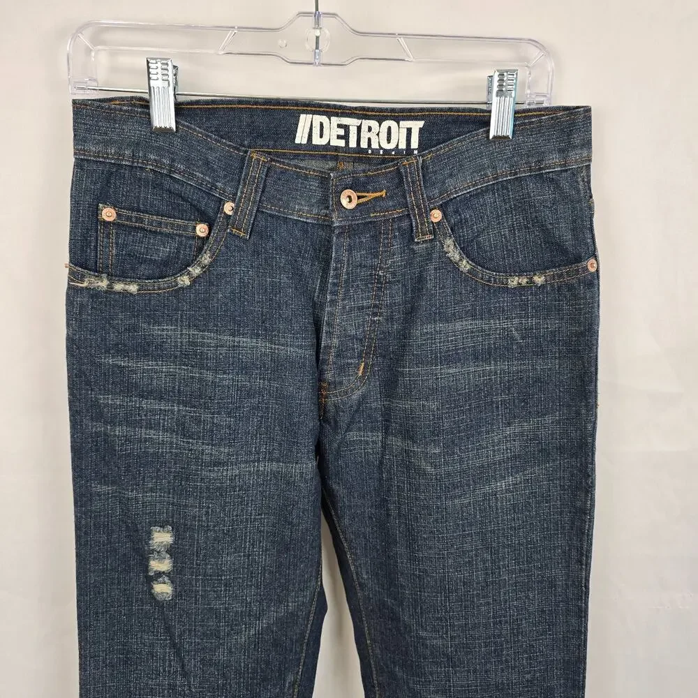 Detroit Denim Button Fly Jeans Men's 28 x 31 Blue Dark Wash Distressed EUC